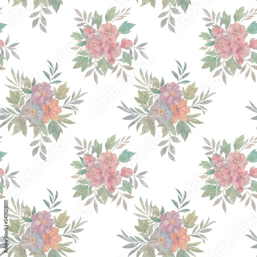 Template design for design  postcards  textiles  wallpapers. Seamless floral pattern with flowers and leaves  watercolor illustration.