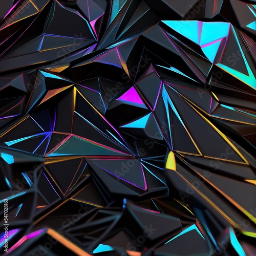 Black fractured surface with colored glowing lines. Abstract 3d background with extruded polygons. 3D render illustration photo