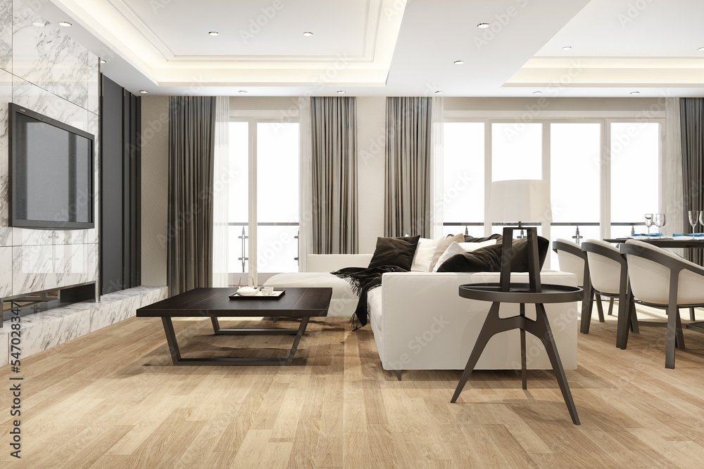 3d rendering modern dining room and living room with luxury decor 3d rendering modern dining room and living room with luxury decor