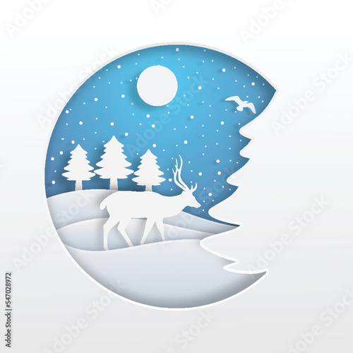 Deer in forest with snow in the winter season and christmas. vector paper art and digital craft style.