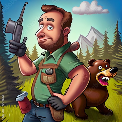 cartoon man hunting and a bear tapping on his shoulder photo