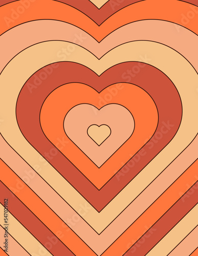 Groovy Hippie 70s Poster with Repeating Hearts. Vector Psychedelic Background in Trendy Retro Cartoon Style