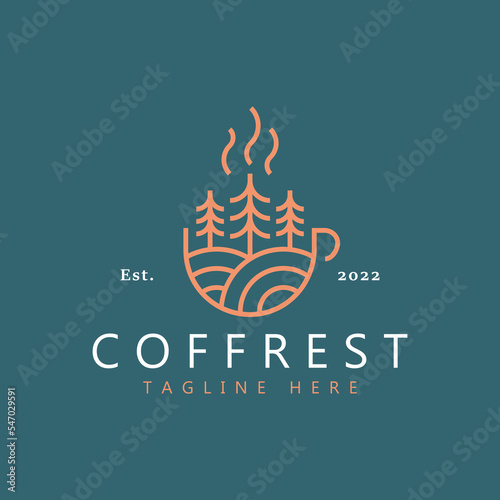 Cup Coffee  and Pine Tree Illustration Abstract Natural Logo For Business Beverage.