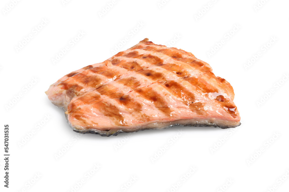 Piece of tasty grilled salmon on white background Piece of tasty grilled salmon on white background