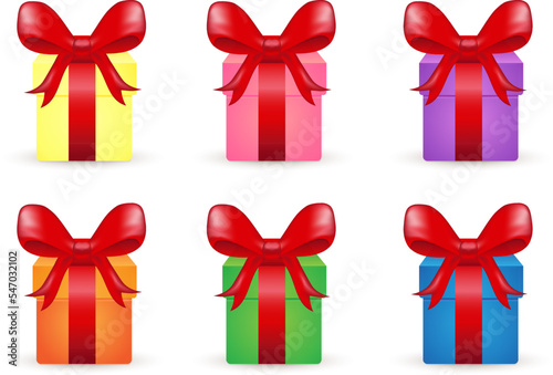 set of colorful presents with red bows