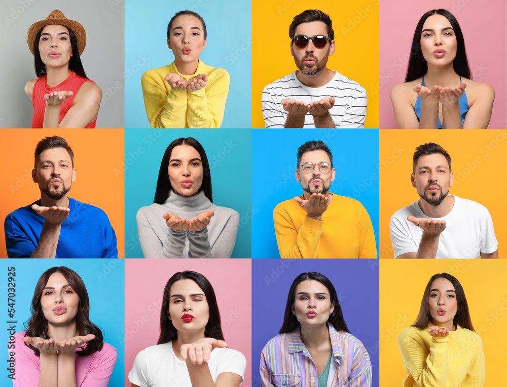 Collage with photos of people blowing air kisses on different color background