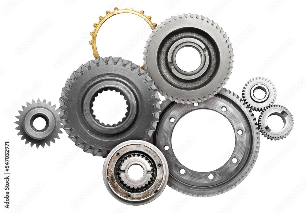 Set with different stainless steel gears on white background, top view Set with different stainless steel gears on white background, top view