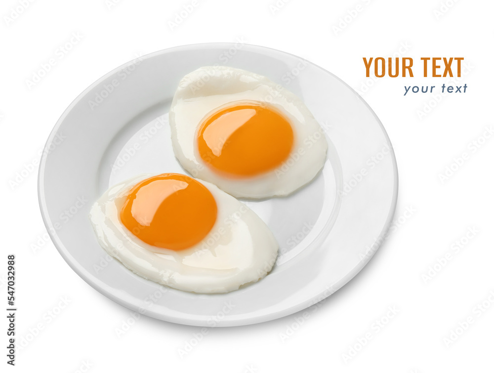 Plate with tasty fried eggs on white background. Space for design - obrazy, fototapety, plakaty 