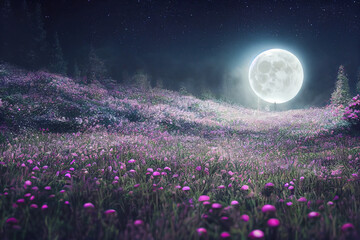 Poster Sprookjeswereld Betoverd nachtbos met grote maan  © Bnetto