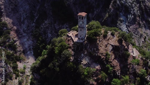 Areal drone footage from Karpenisi area, into the mountains and lake.