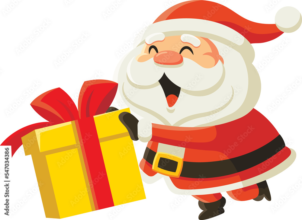 Merry Christmas character design. Santa Claus pushing a big Christmas gift box presents Merry Christmas character design. Santa Claus pushing a big Christmas gift box presents