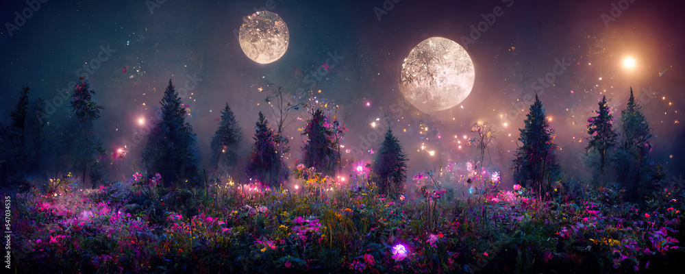 A beautiful fairytale enchanted forest at night with a big moon in the ...
