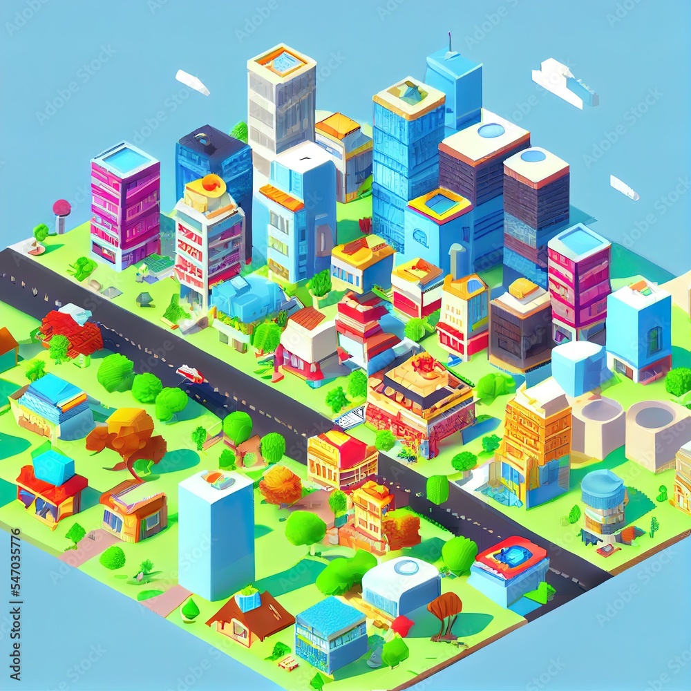 Isometric view of the city. Collection of houses 3D illustration 3d module block district part