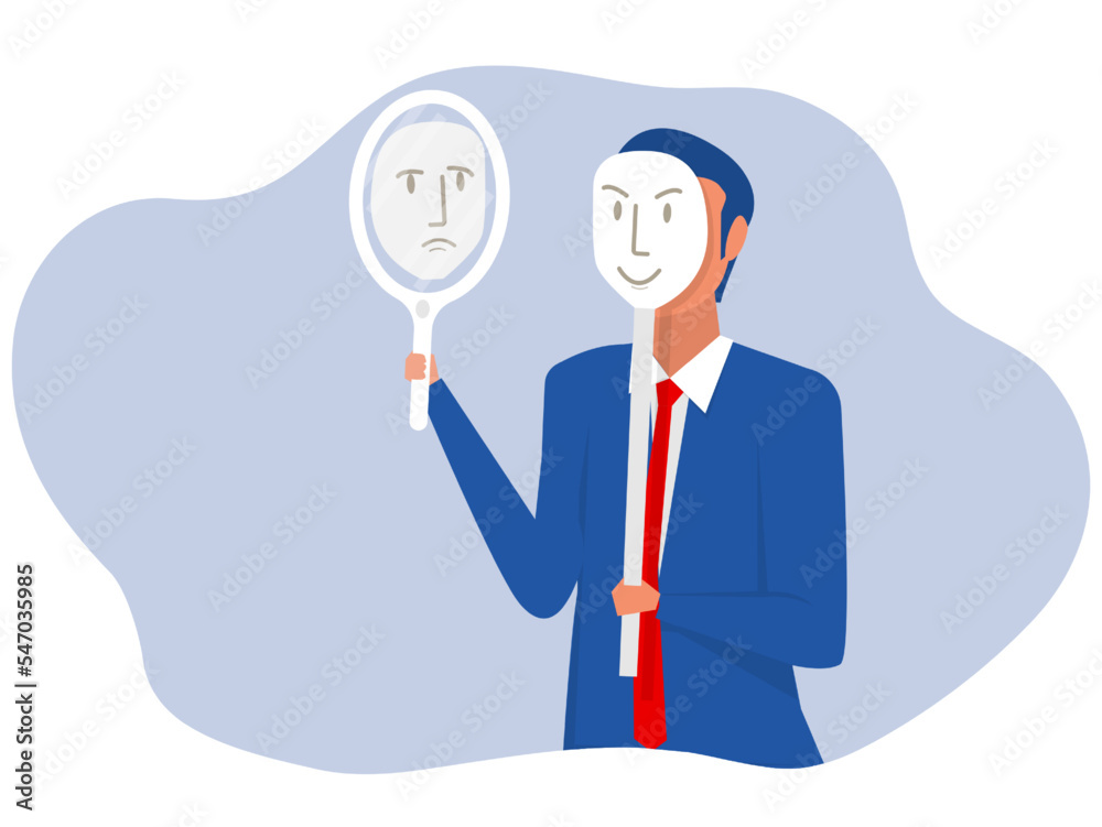 Businessman looking himself from the mirror face mask sad or depression often conceal their true feelings or keep them inside mental health concept flat vector illustration Businessman looking himself from the mirror face mask sad or depression often conceal their true feelings or keep them inside mental health concept flat vector illustration