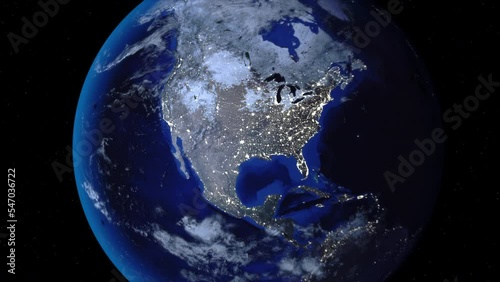 Zoom out of USA, America, Chicago through clouds to see the Earth from space.