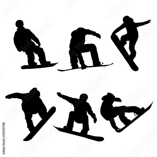 Set of sport snowboard player silhouettes