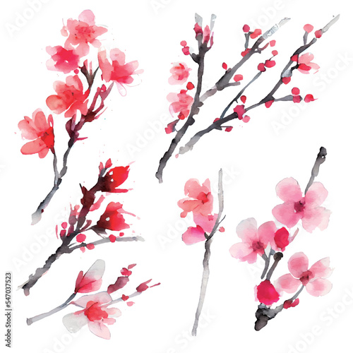 イラスト素材:梅の花の和風水彩イラストセット（年賀状素材）

