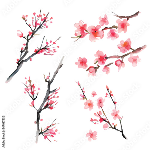 イラスト素材:梅の花の和風水彩イラストセット（年賀状素材）
