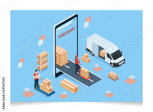 3D isometric Logistics and Delivery services concept with People delivering a box to a customer at home or office. Vector illustration eps10