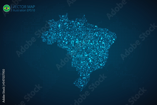 Map of Brazil modern design with abstract digital technology mesh polygonal shapes on dark blue background. Vector Illustration Eps 10.