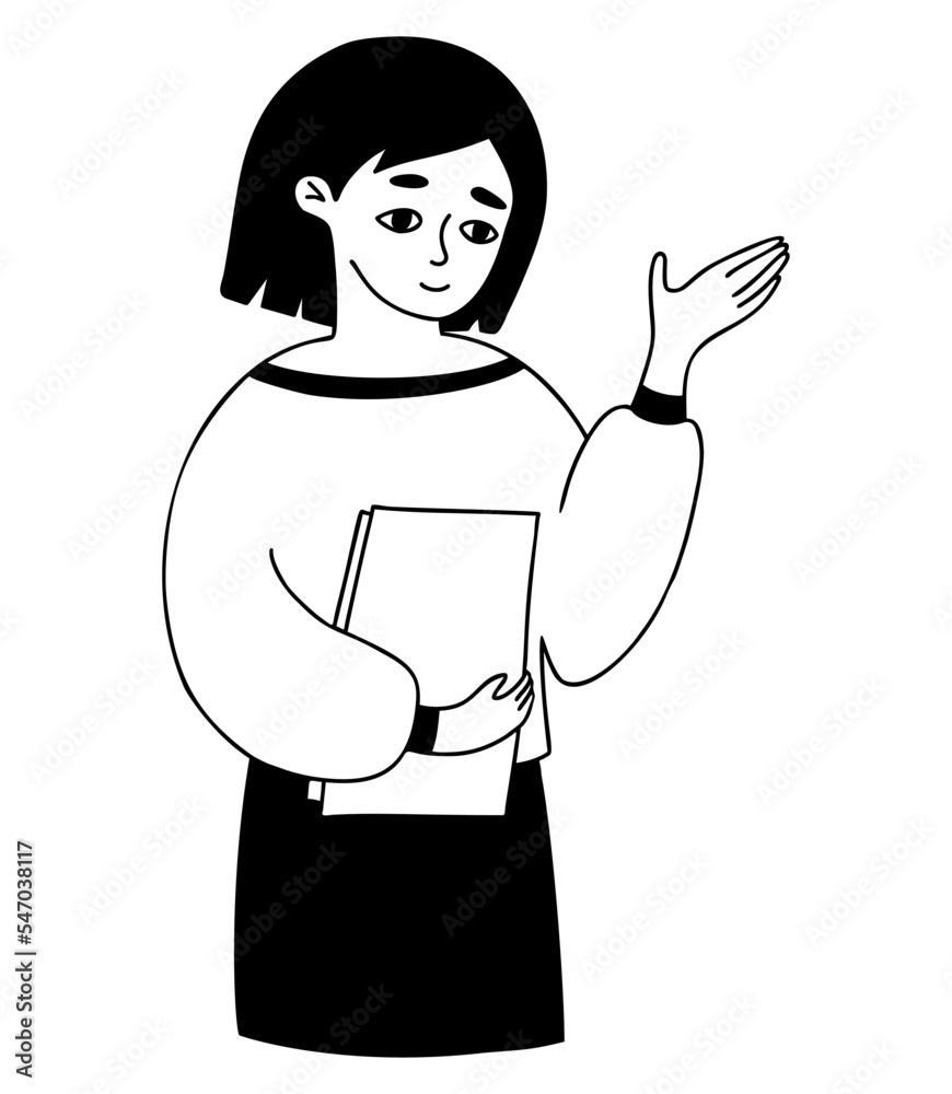 Portrait of cute girl with pointing hand gesture and papers. Vector illustration. Linear hand drawn doodle. Modern business woman character Portrait of cute girl with pointing hand gesture and papers. Vector illustration. Linear hand drawn doodle. Modern business woman character
