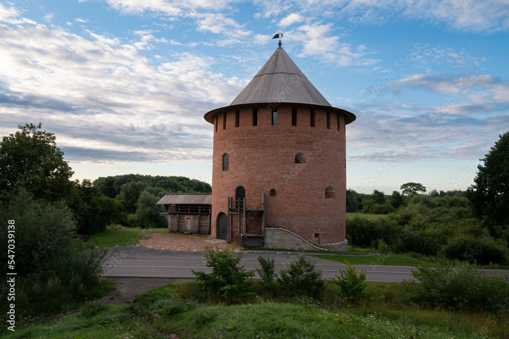 Alekseevskaya (White) tower on a summer morning, Veliky Novgorod, Russia