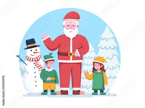 Christmas illustration with Santa Claus and cute dwarf or elf helper.
Merry Christmas Cartoon Characters.
Happy Christmas day.
Can be used for greeting card, postcard, web, landing page, etc