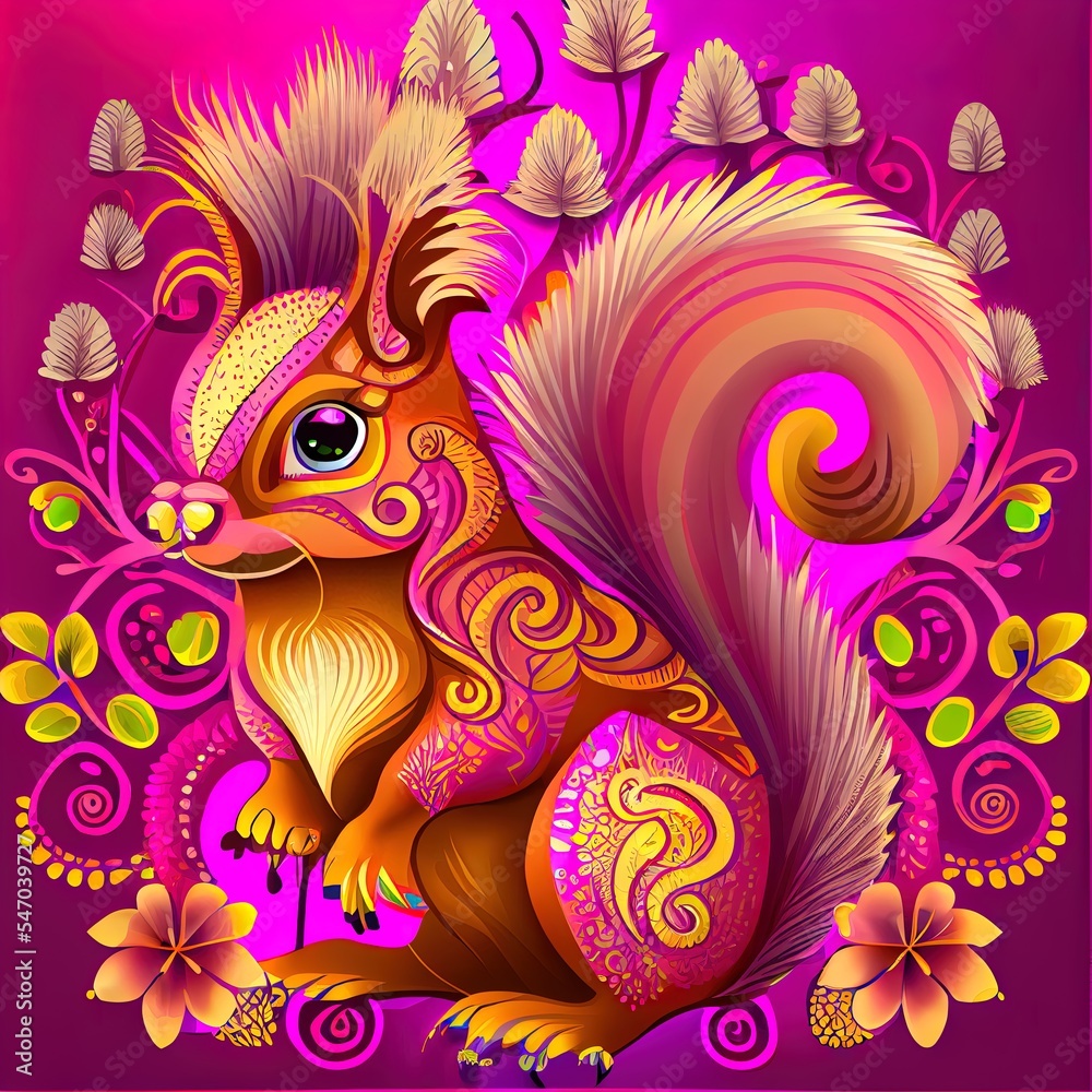 Fototapeta premium squirrel forest animals with floral ornament illustration