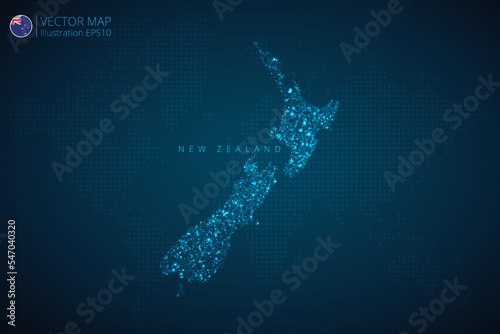 Map of New Zealand modern design with abstract digital technology mesh polygonal shapes on dark blue background. Vector Illustration Eps 10.