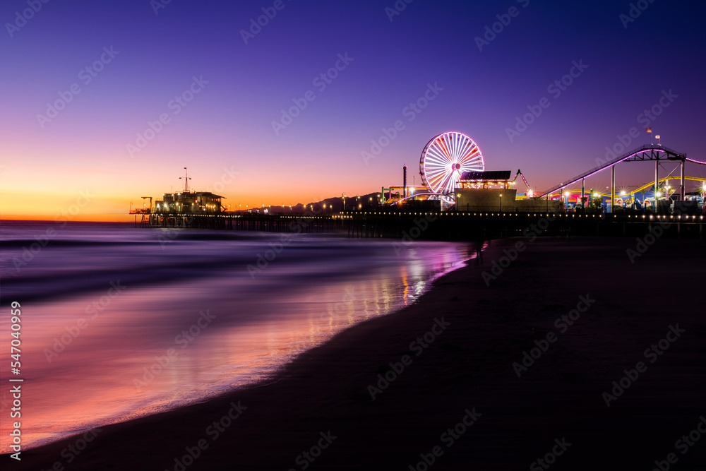 The Santa Monica Pier at night, Los Angeles, California.