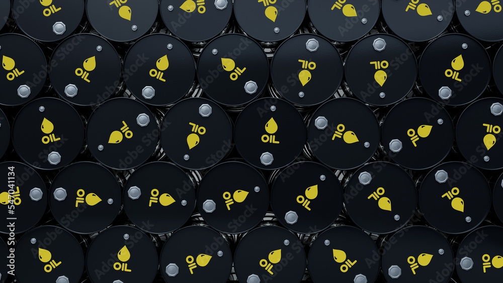 Wall of black oil or petroleum barrels. Gasoline or crude oil containers. Fuel industry 3d render illustration Wall of black oil or petroleum barrels. Gasoline or crude oil containers. Fuel industry 3d render illustration