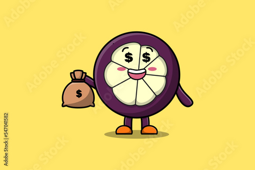 Cute cartoon Crazy rich Mangosteen with money bag shaped funny in modern design illustration