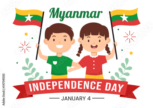 Celebrating Myanmar Independence Day on January 4th with Little Kids Carrying Flags in Cartoon Hand Drawn Templates Illustration