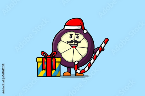 cute cartoon Mangosteen santa clause character is bringing candy cane and boxes christmas 