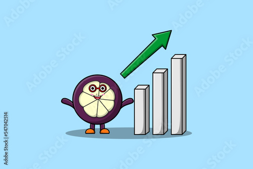 cute cartoon Mangosteen with rising sign graphic in flat 3d modern design