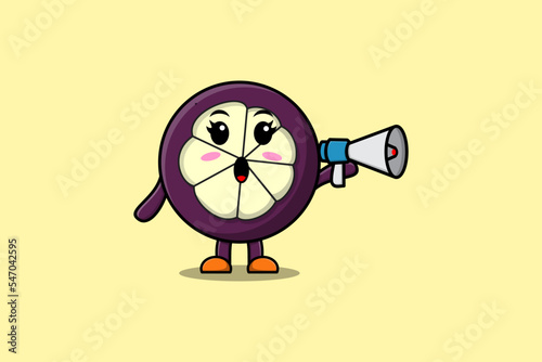Cute Cartoon Mangosteen character speak with megaphone in 3d cartoon style concept