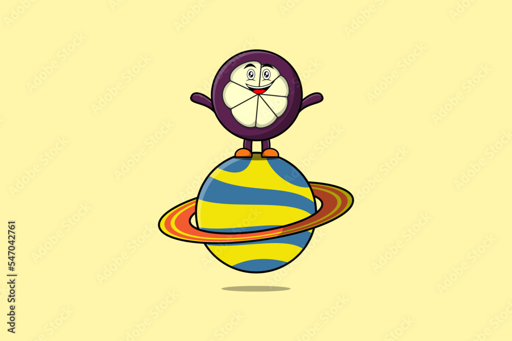 Cute cartoon Mangosteen character standing in planet vector icon illustration Cute cartoon Mangosteen character standing in planet vector icon illustration