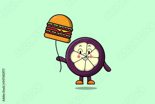 Cute cartoon Mangosteen floating with burger balloon in flat cartoon vector icon illustration
