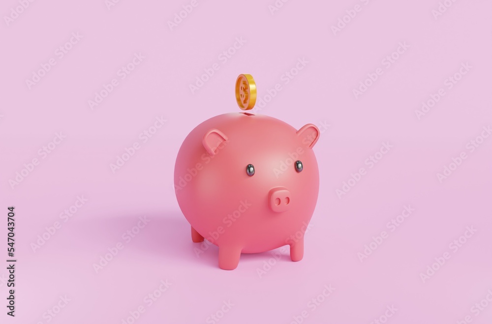 Piggy bank isolated on purple background.Symbol of goals in savings.investing and business.money management.Saving and money growth concept.Dollar.Money box.Pink piggy bank.3D rendering,illustration