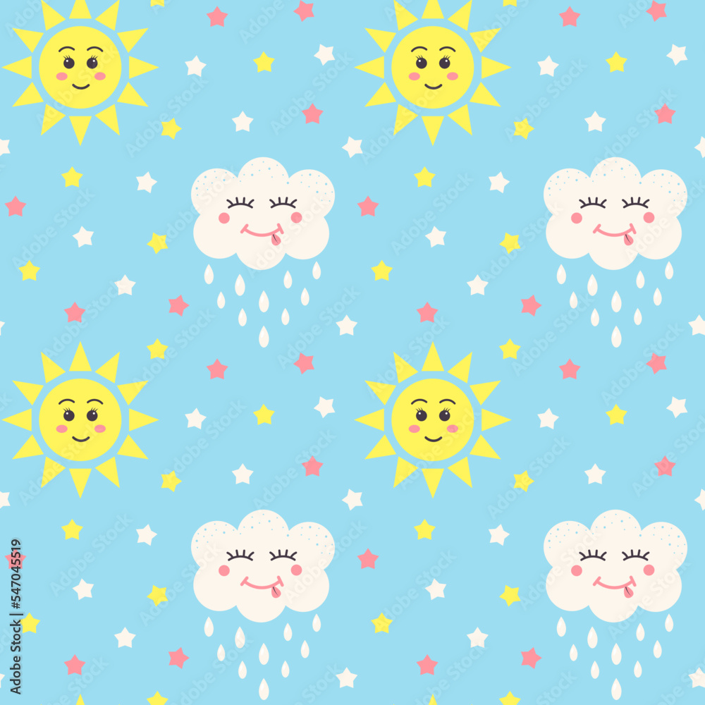 Seamless pattern with stars, kawaii sun and kawaii cloud on blue background. Design for textiles, texture, fabrics, wallpaper and packaging paper... Seamless pattern with stars, kawaii sun and kawaii cloud on blue background. Design for textiles, texture, fabrics, wallpaper and packaging paper...