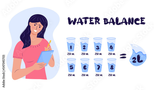 Woman does checking list, writing in a notebook. Water balance tracker with 8 glasses per day rule. Healthy lifestyle, diet, health care, healthy habits and the daily rate of water concept.