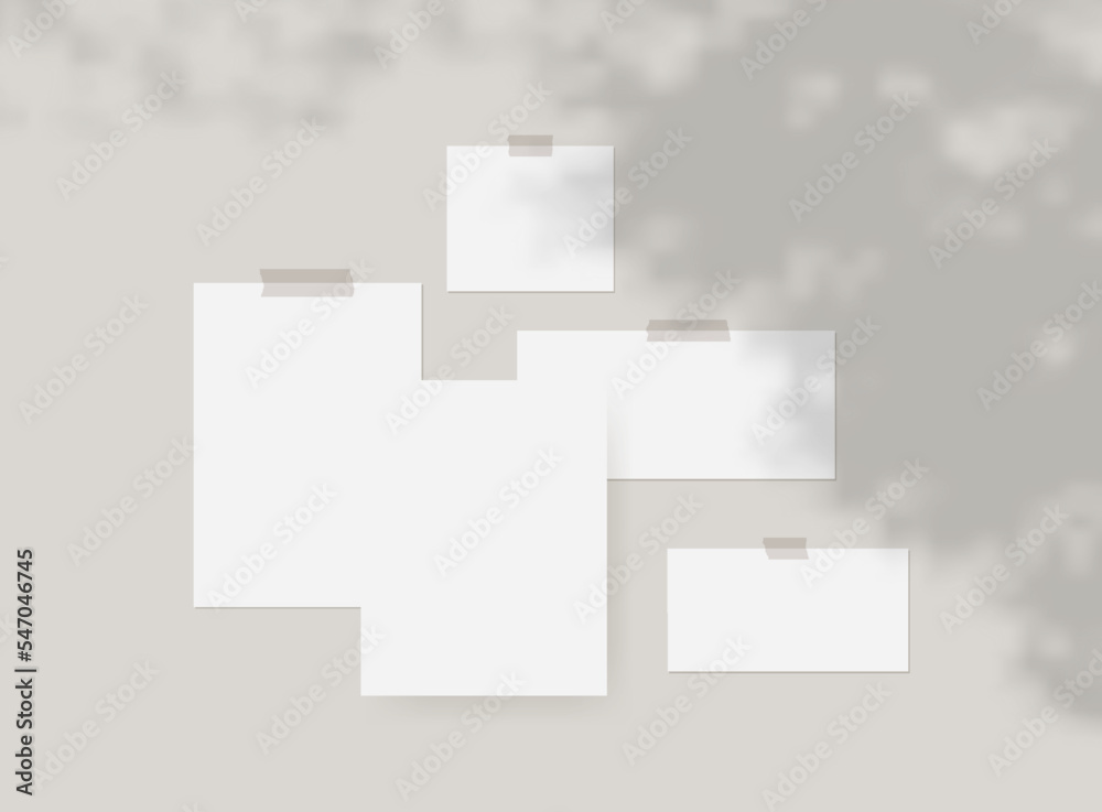 Mood board mockup template. Empty sheets of white paper on the wall with shadow overlay. Mockup vector isolated. Template design. Realistic vector illustration. Mood board mockup template. Empty sheets of white paper on the wall with shadow overlay. Mockup vector isolated. Template design. Realistic vector illustration.