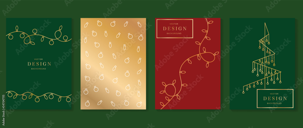 Set of luxury christmas invitation card art deco design vector. Decorative light wire golden line art on red, green and gradient gold background. Design for cover, greeting card, print, post, website. - obrazy, fototapety, plakaty 