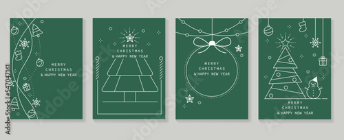 Set of luxury christmas and new year card art deco design vector. Christmas element white line of ball, tree, snowman, gift on green background. Design for cover, greeting card, print, post, website.