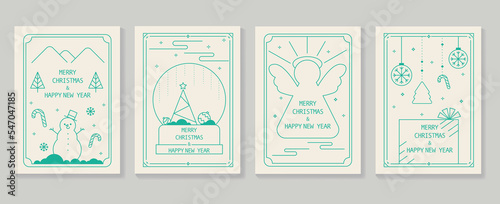 Set of luxury christmas and new year card art deco design vector. Christmas element green line of snowman, gift, angel on warm white background. Design for cover, greeting card, print, post, website.