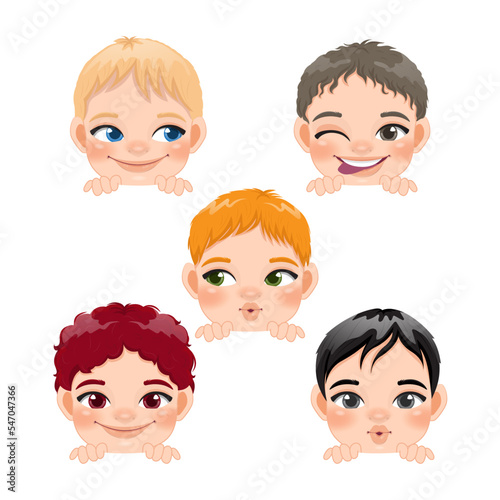 Cute Peekaboo Little Boys or Kids Peeking Boys Collection and Different Hairstyle Vector illustration