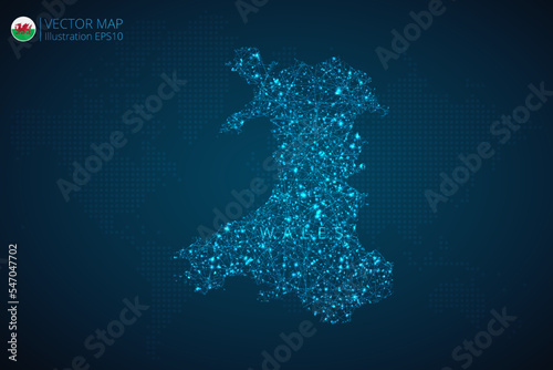 Map of Wales modern design with abstract digital technology mesh polygonal shapes on dark blue background. Vector Illustration Eps 10.