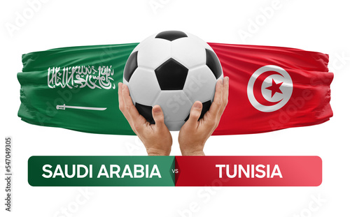 Saudi Arabia vs Tunisia national teams soccer football match competition concept. © prehistorik