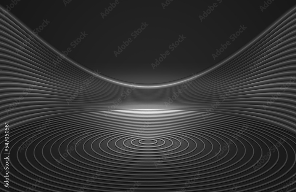 3D rendering dark modern curved building ground square space background