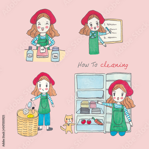 Girl cleaning house, vector illustration. House cleaning, freehand drawn style